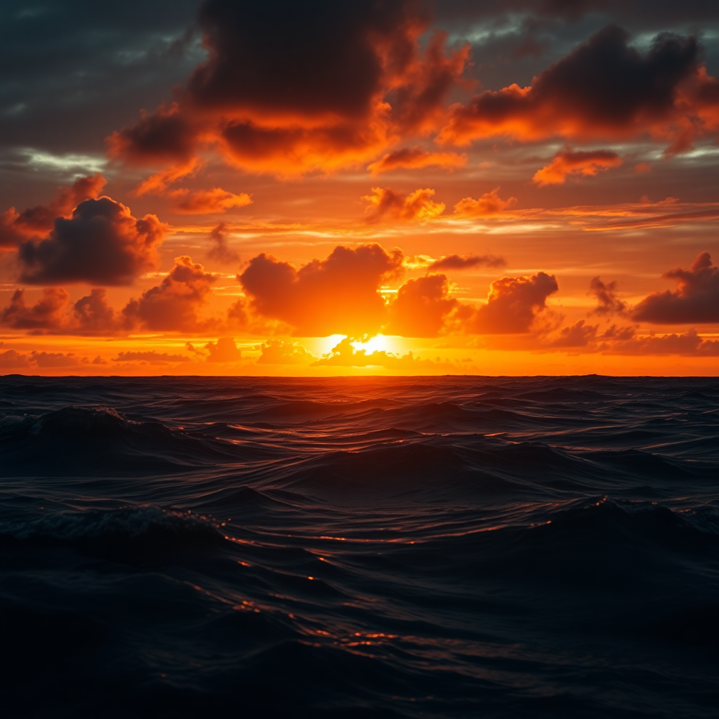 Stunning dramatic sunset over dark ocean waves, rich gold and orange reflections on water, cinematic lighting, moody dark aesthetic, professional photography